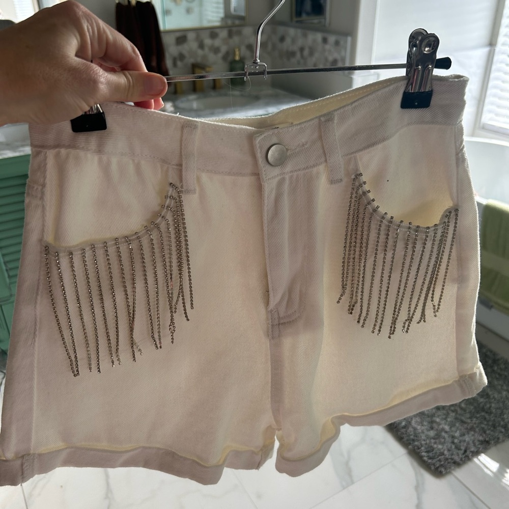 White Rhinestone Fringe Women's white denim Shorts